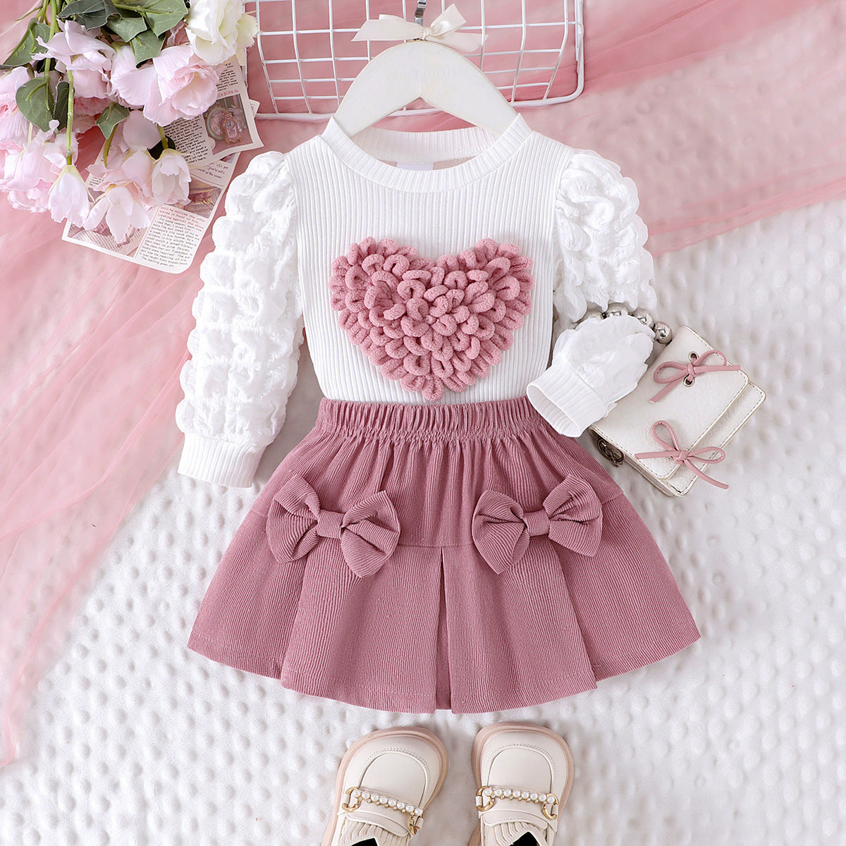 Conjunto Dos Piezas Mujer Top Manga Globo y Minifalda con Lazo – Buy ByM