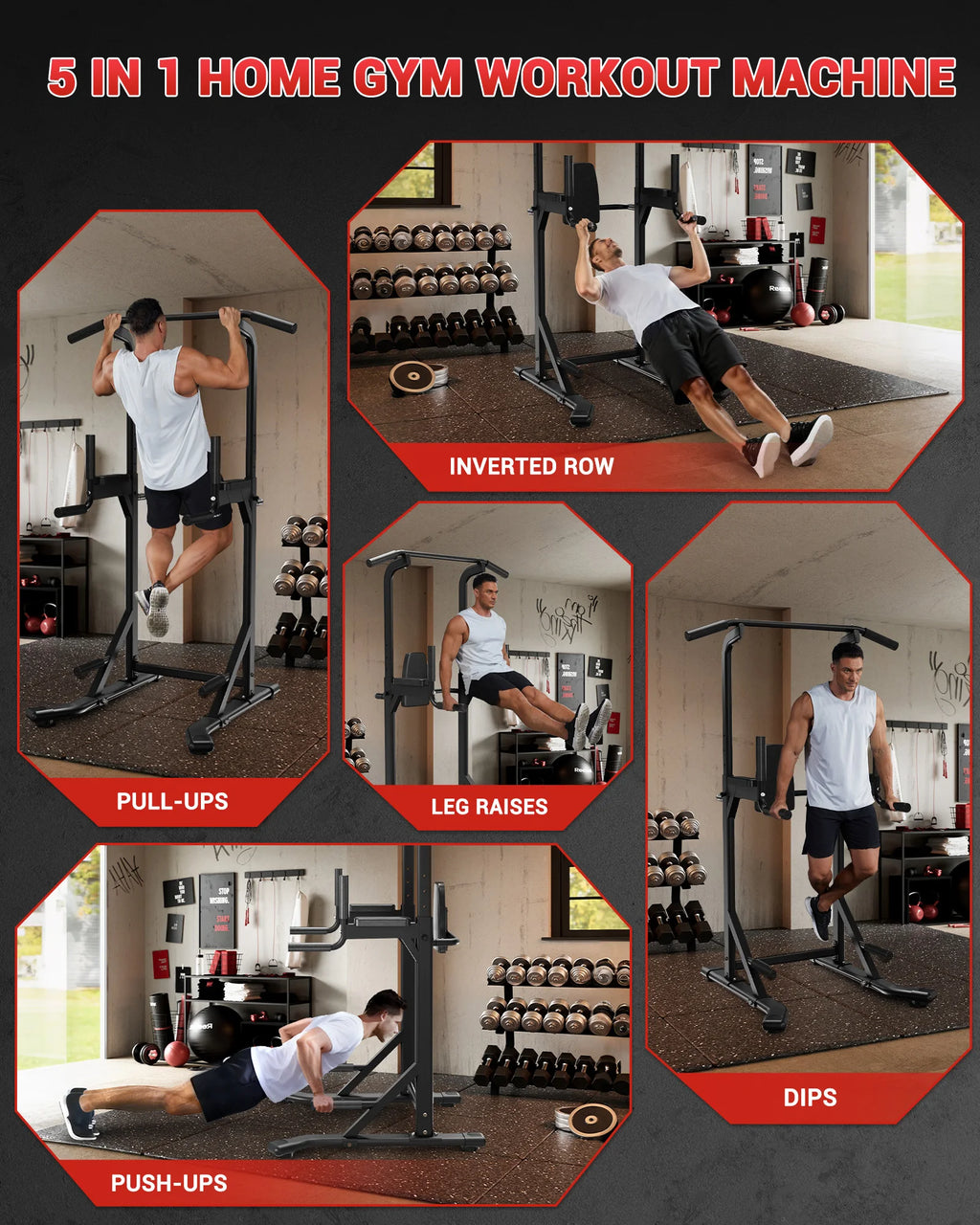 Multi-Functional Free Standing Pull Up Bar Power Tower – 450 lbs Capacity Adjustable Dip Station – Strength Training Equipment for Home Gym, Pull Ups, Dips, Leg Raises