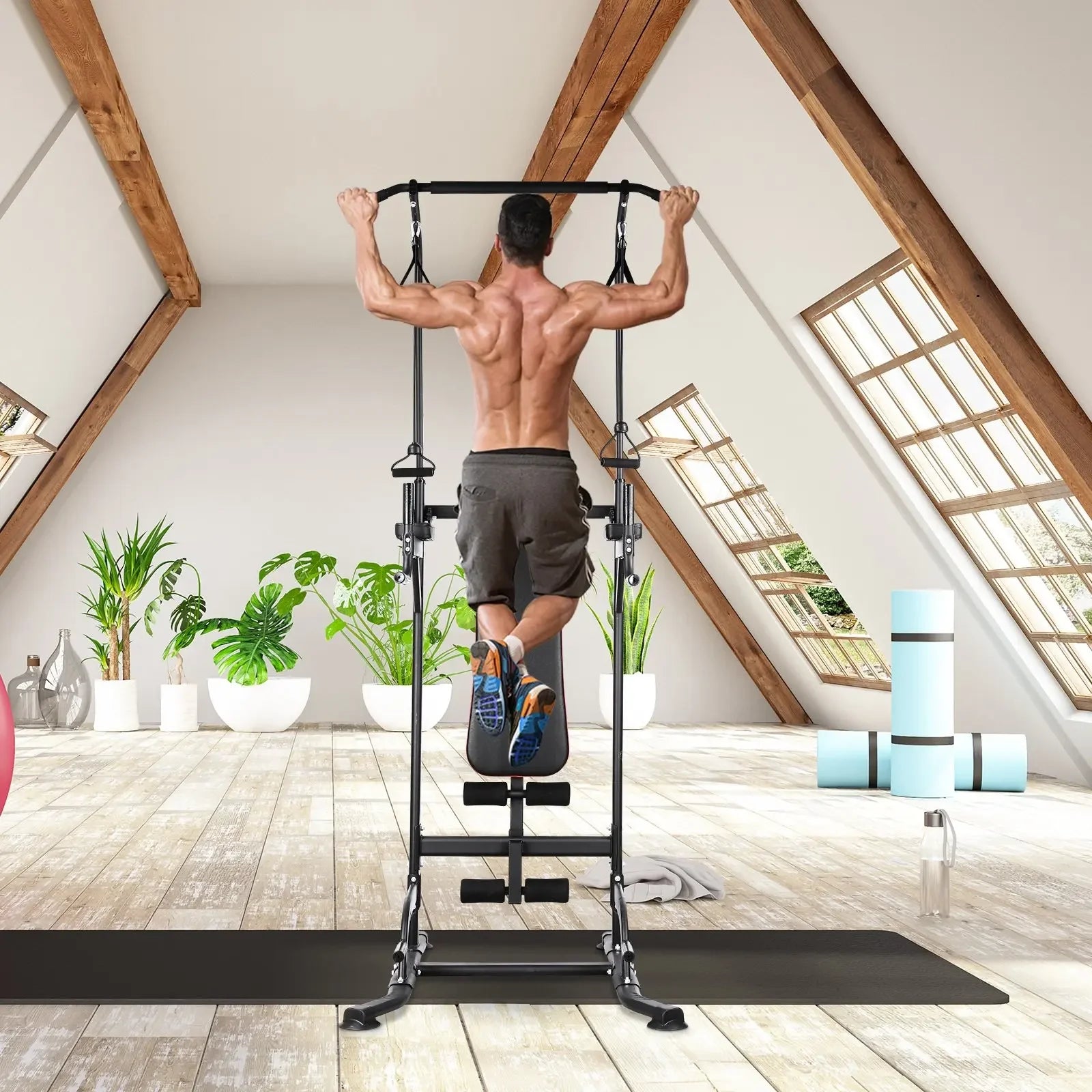 Functional Fitness Gym Style Training Power Tower & Adjustable Workout Bench System Foldable for Pull Ups and Dips, Load 200 kg