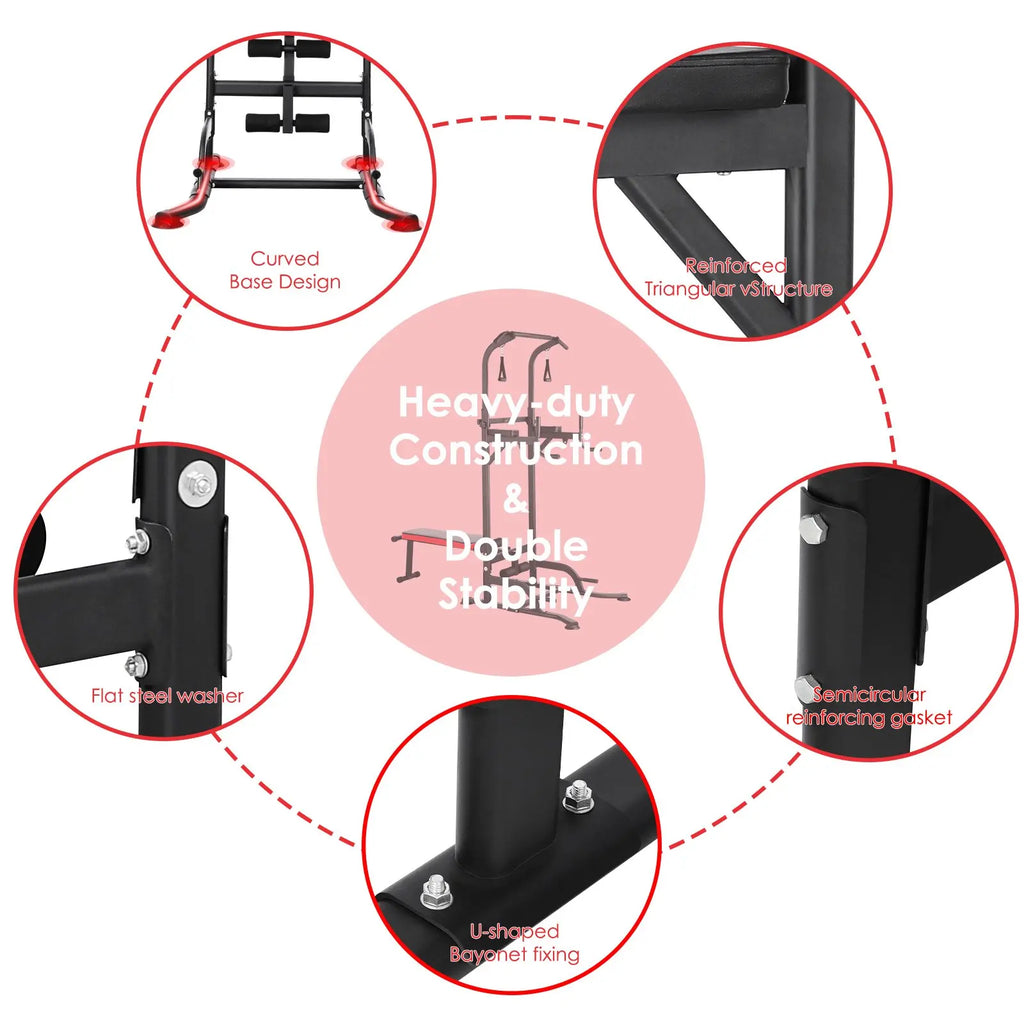 Functional Fitness Gym Style Training Power Tower & Adjustable Workout Bench System Foldable for Pull Ups and Dips, Load 200 kg