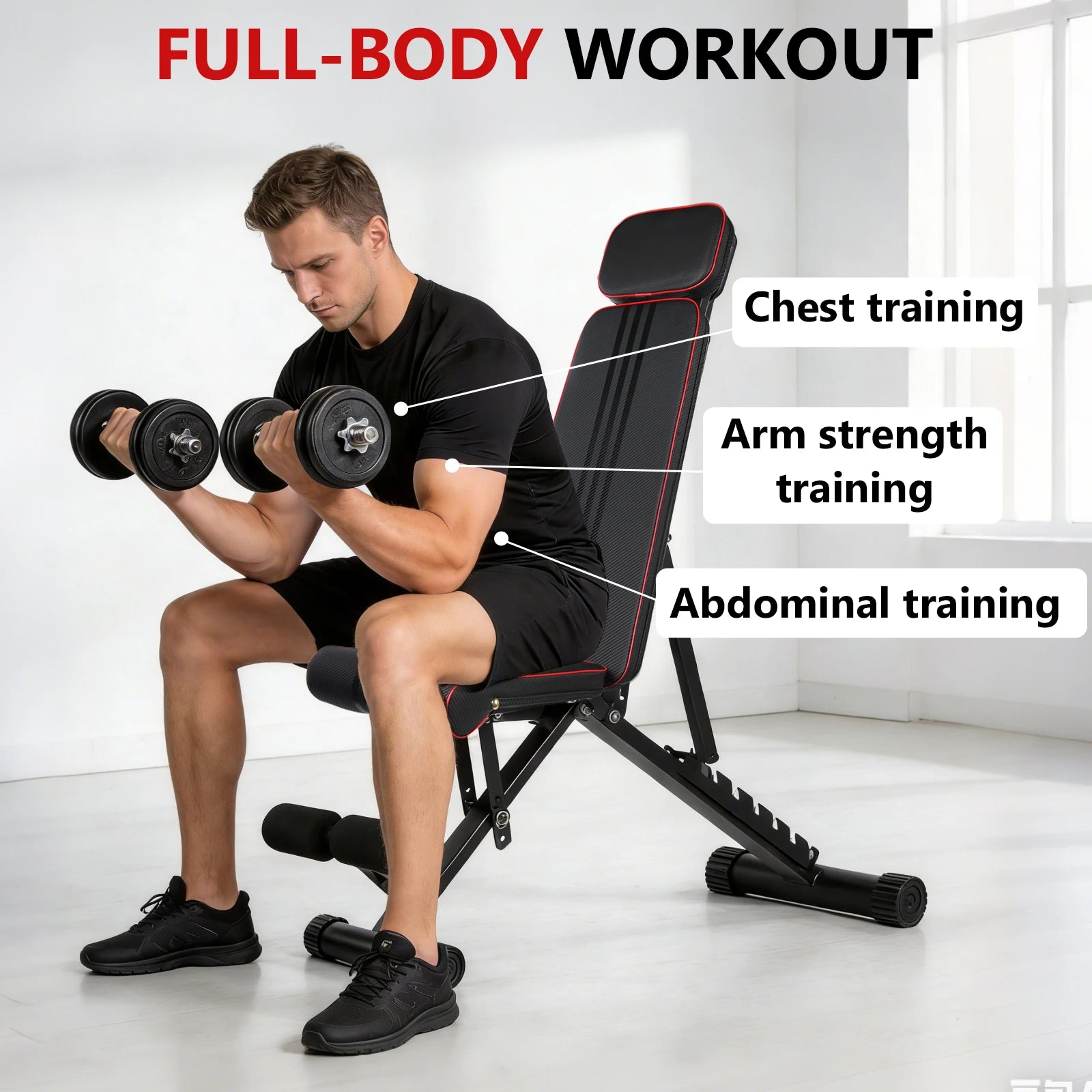7 Position Adjustable Foldable Weight Bench, Dumbbell Bench with Headrest, Incline Decline Full Body Strength Training Bench for Home Gym