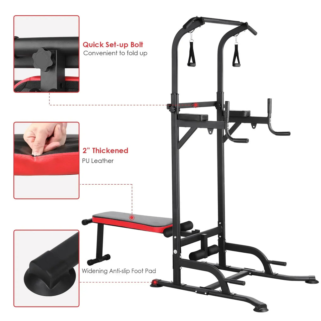 Functional Fitness Gym Style Training Power Tower & Adjustable Workout Bench System Foldable for Pull Ups and Dips, Load 200 kg